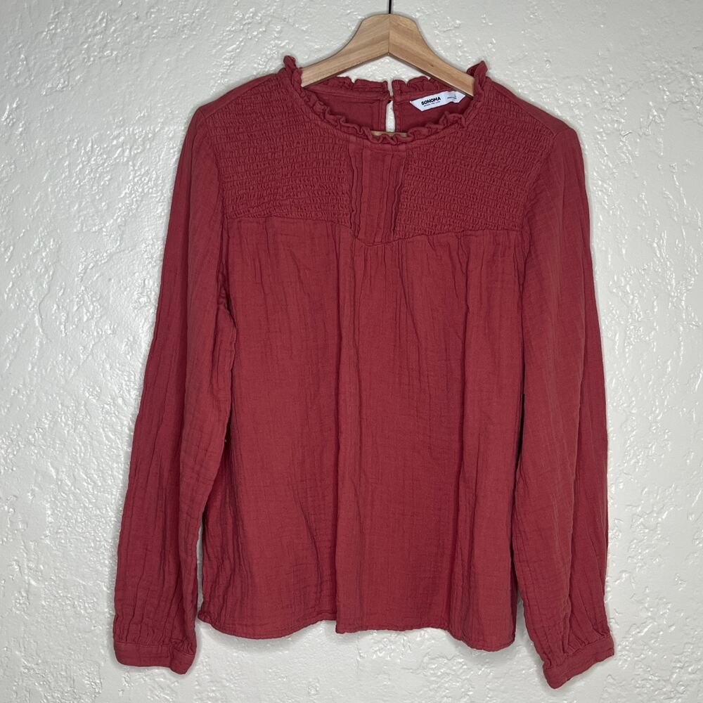 Sonoma Women's Cotton Gauze Ruffle Mock Neck Blouse Made in India Size Large